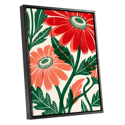 Scarlet Petal Chorus, red, green, beige floral wall art shown as a black framed canvas wall art