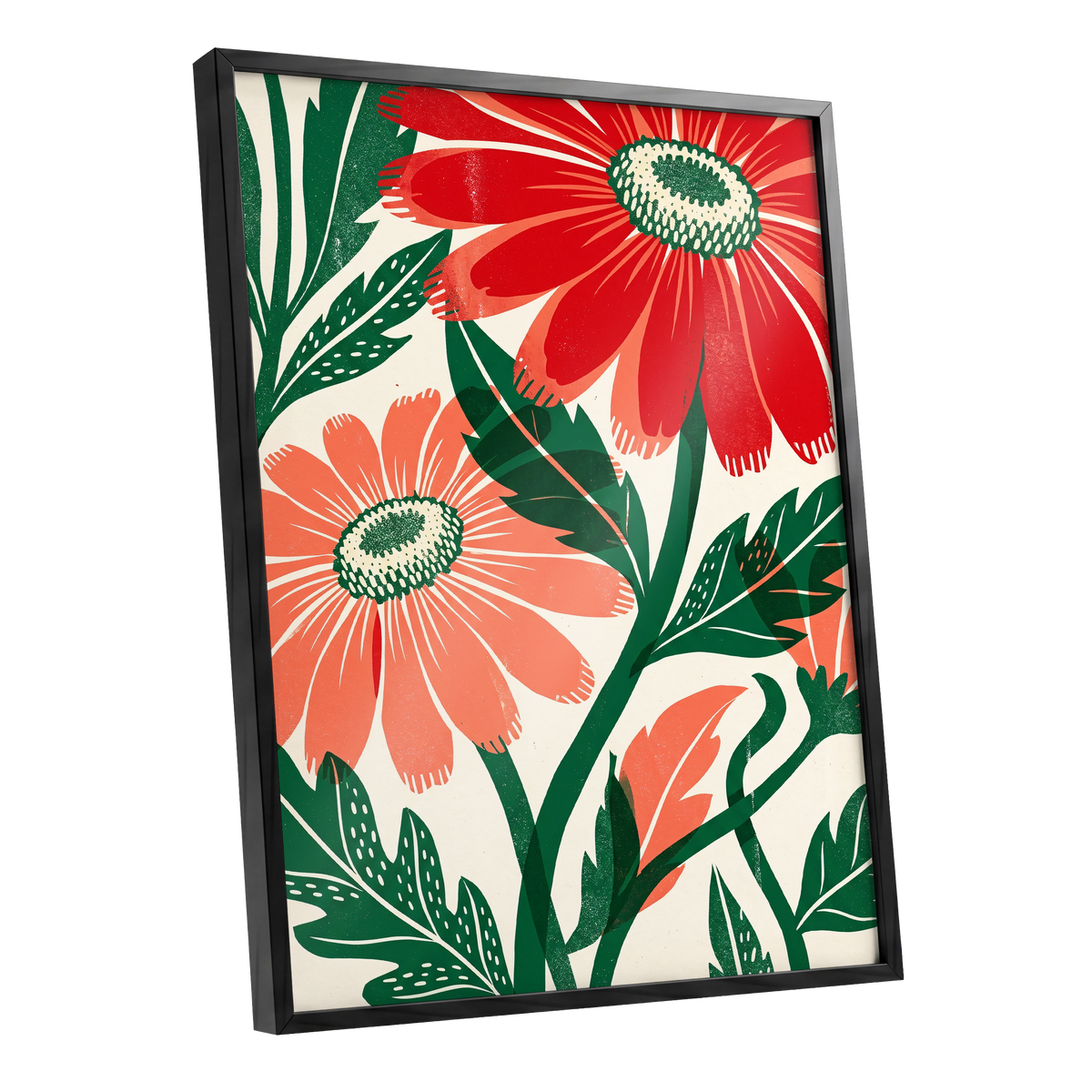 Scarlet Petal Chorus, red, green, beige floral wall art shown as a black framed poster wall art print