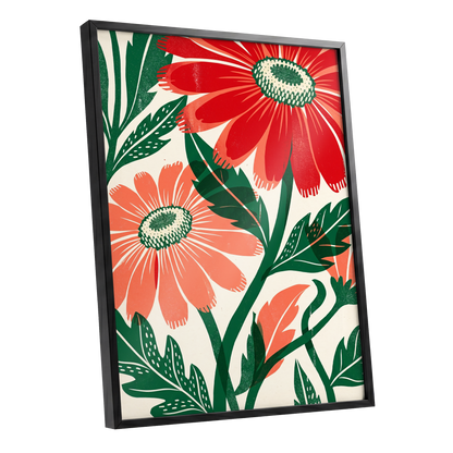 Scarlet Petal Chorus, red, green, beige floral wall art shown as a black framed poster wall art print