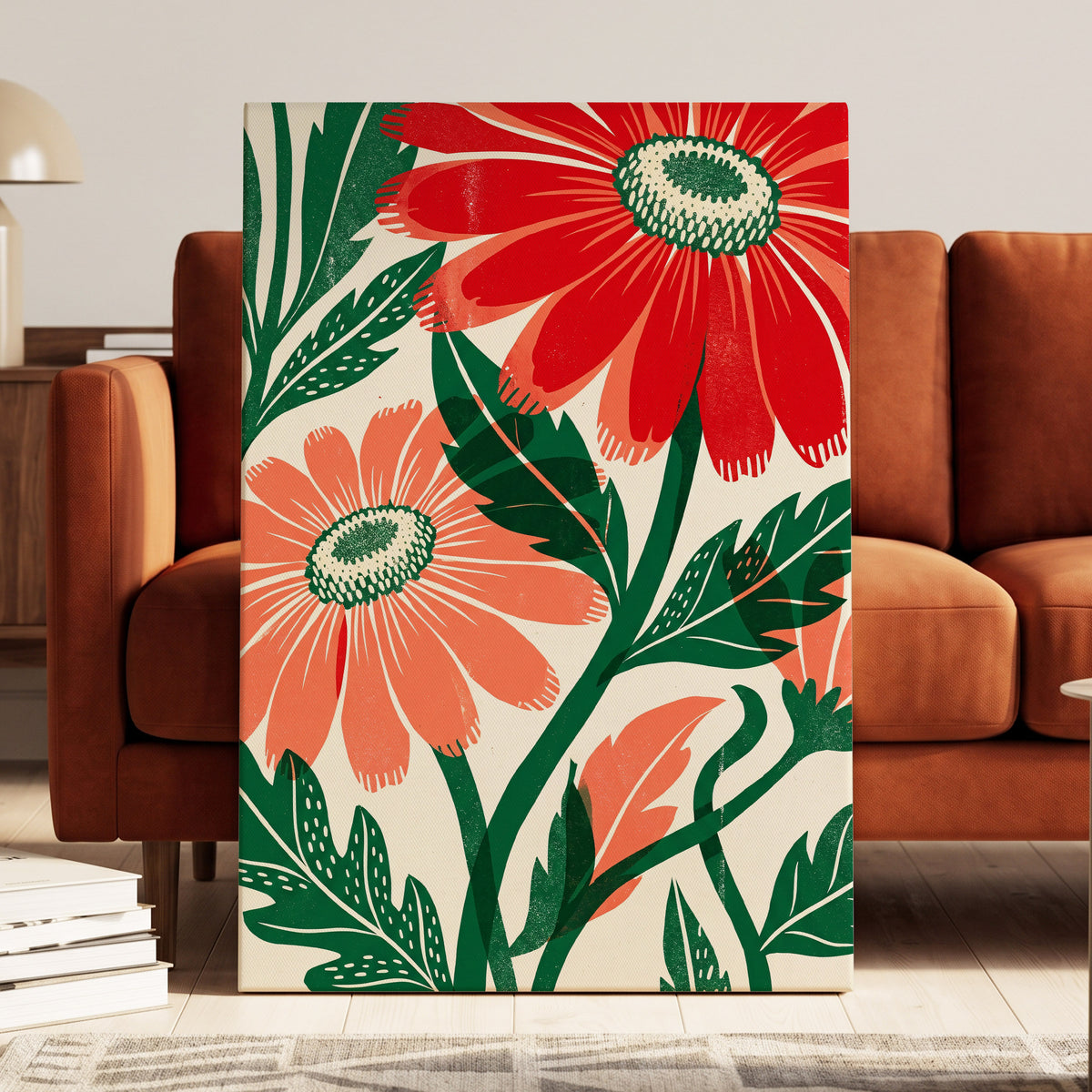 Scarlet Petal Chorus, red, green, beige floral wall art on canvas displayed in a styled interior, gallery view 1