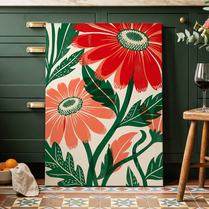 Scarlet Petal Chorus, red, green, beige floral wall art on canvas displayed in a styled interior, gallery view 2