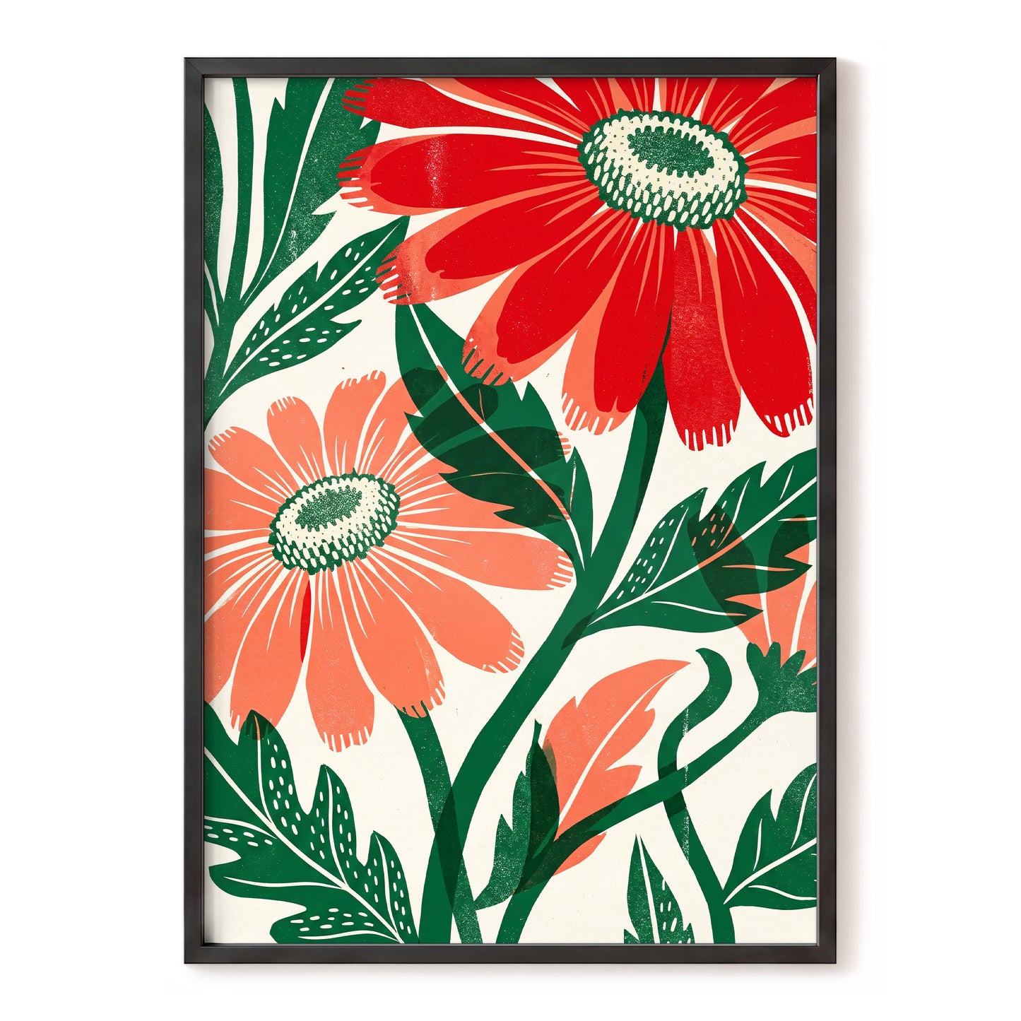 Scarlet Petal Chorus, red, green, beige floral wall art, front artwork view