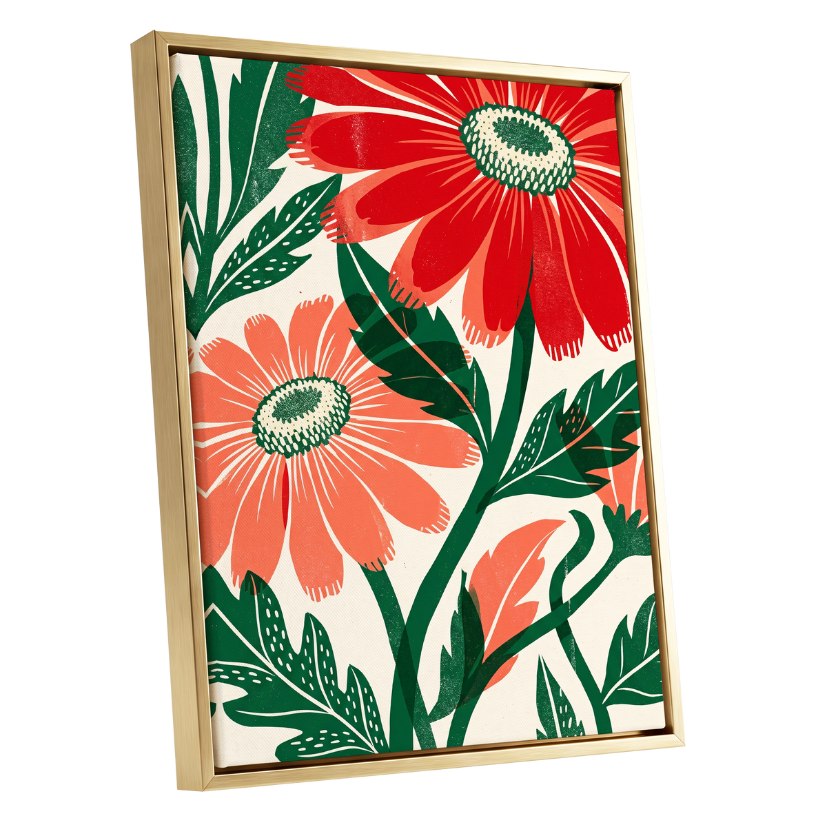 Scarlet Petal Chorus, red, green, beige floral wall art shown as a gold framed canvas wall art
