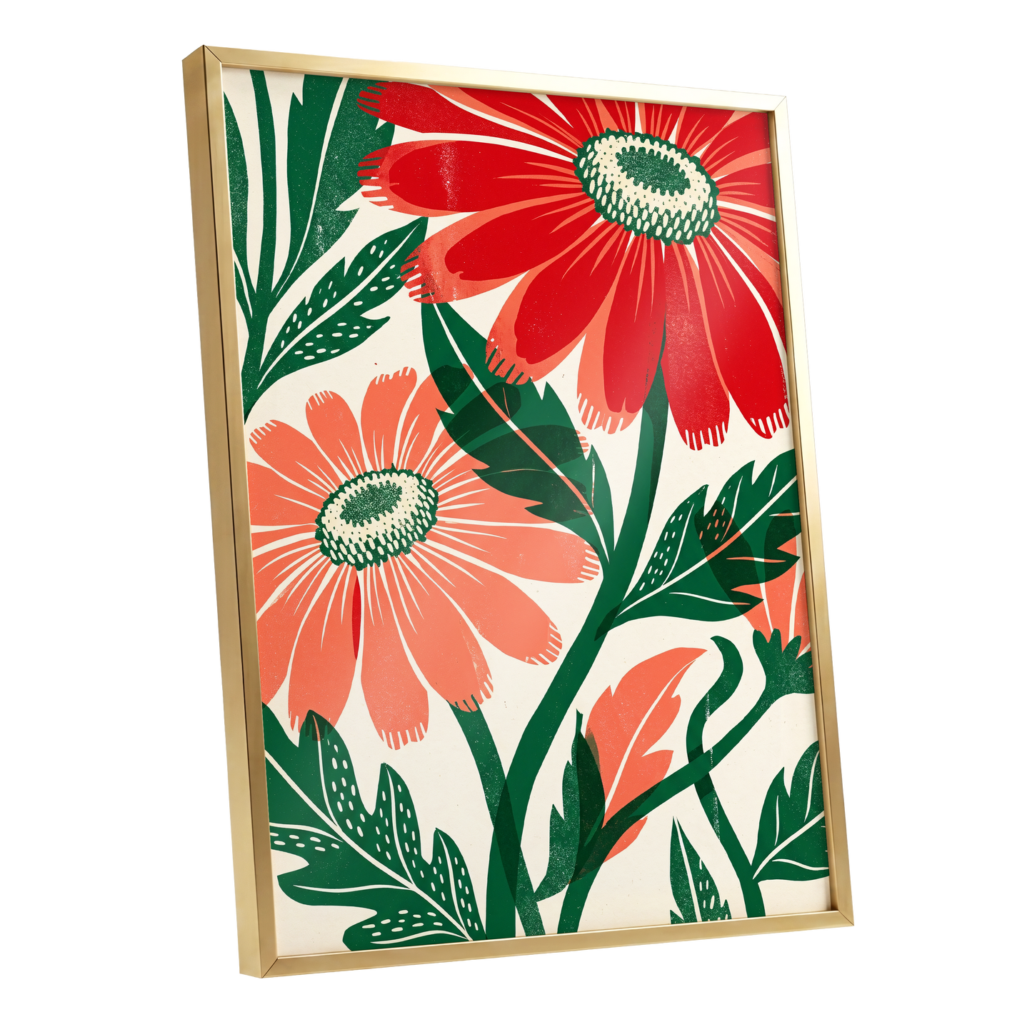 Scarlet Petal Chorus, red, green, beige floral wall art shown as a gold framed poster wall art print