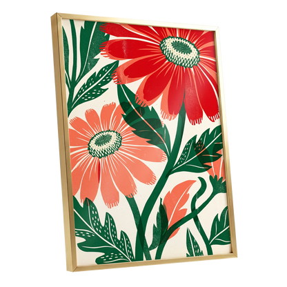 Scarlet Petal Chorus, red, green, beige floral wall art shown as a gold framed poster wall art print
