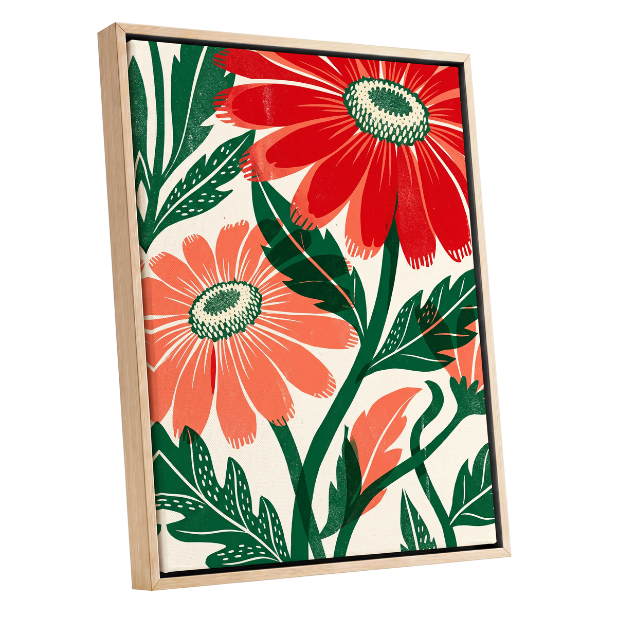 Scarlet Petal Chorus, red, green, beige floral wall art shown as a oak framed canvas wall art
