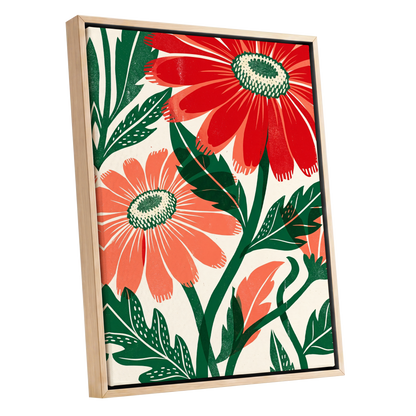 Scarlet Petal Chorus, red, green, beige floral wall art shown as a oak framed canvas wall art