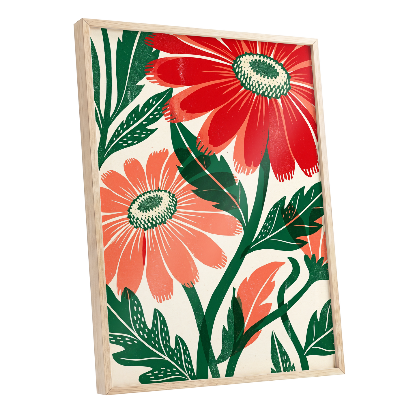 Scarlet Petal Chorus, red, green, beige floral wall art shown as a oak framed poster wall art print