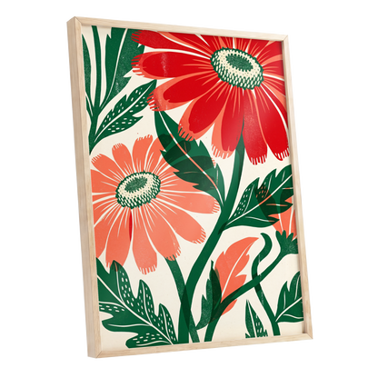 Scarlet Petal Chorus, red, green, beige floral wall art shown as a oak framed poster wall art print