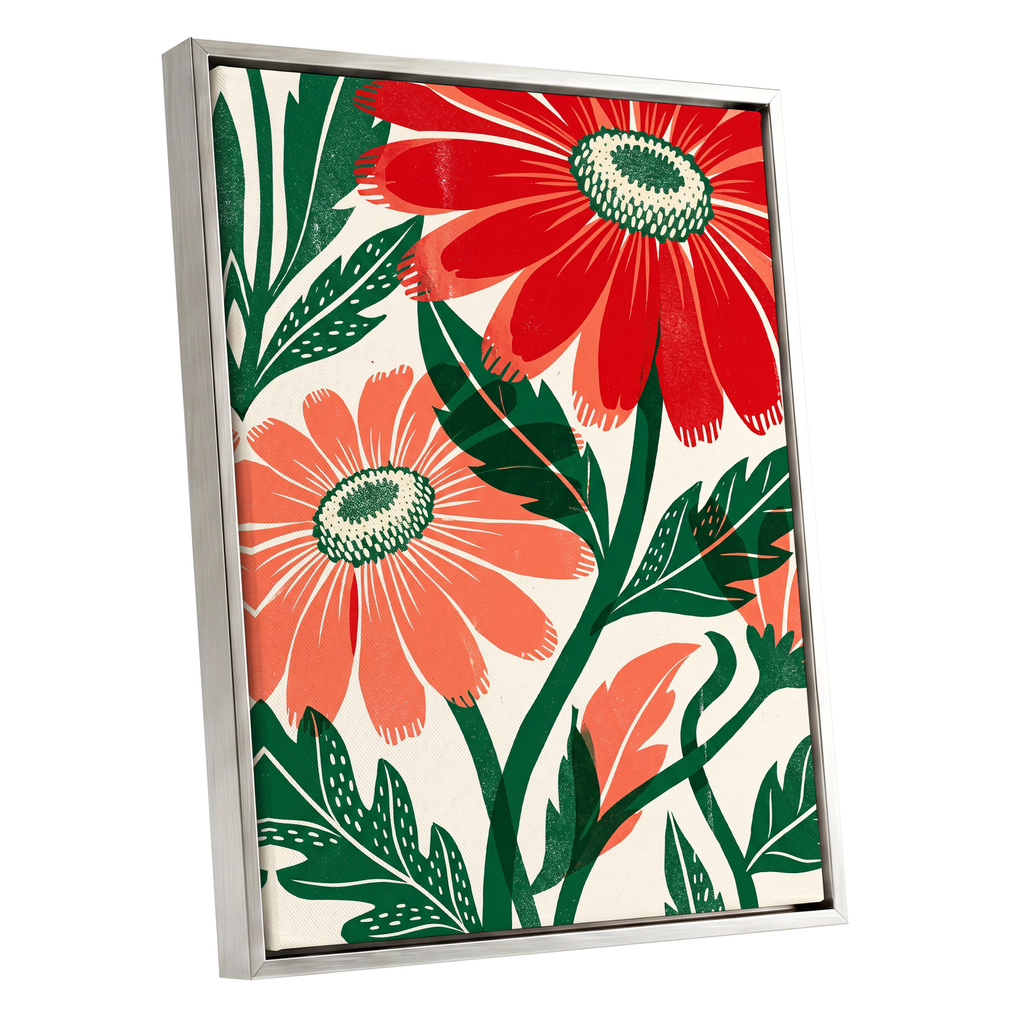 Scarlet Petal Chorus, red, green, beige floral wall art shown as a silver framed canvas wall art