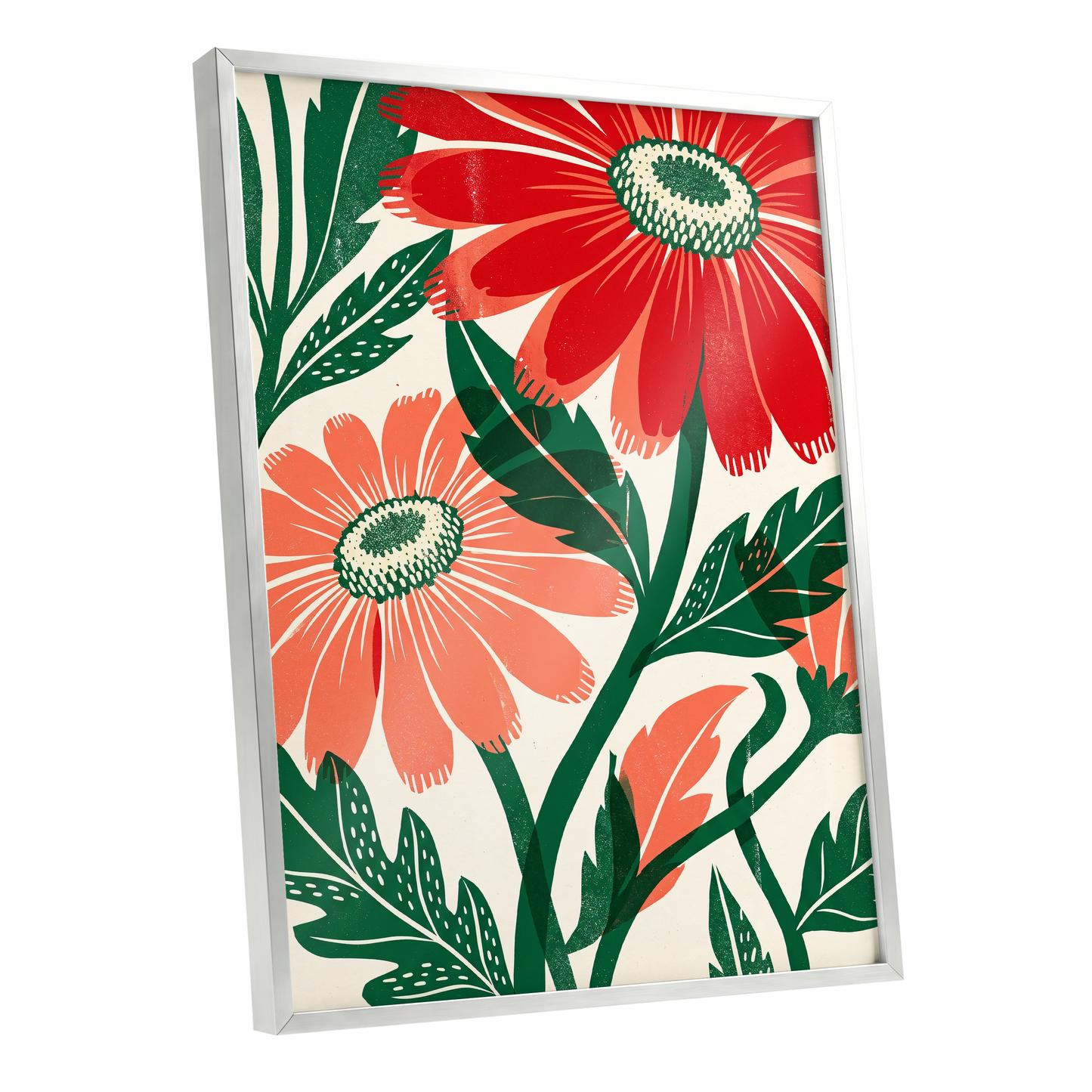 Scarlet Petal Chorus, red, green, beige floral wall art shown as a silver framed poster wall art print