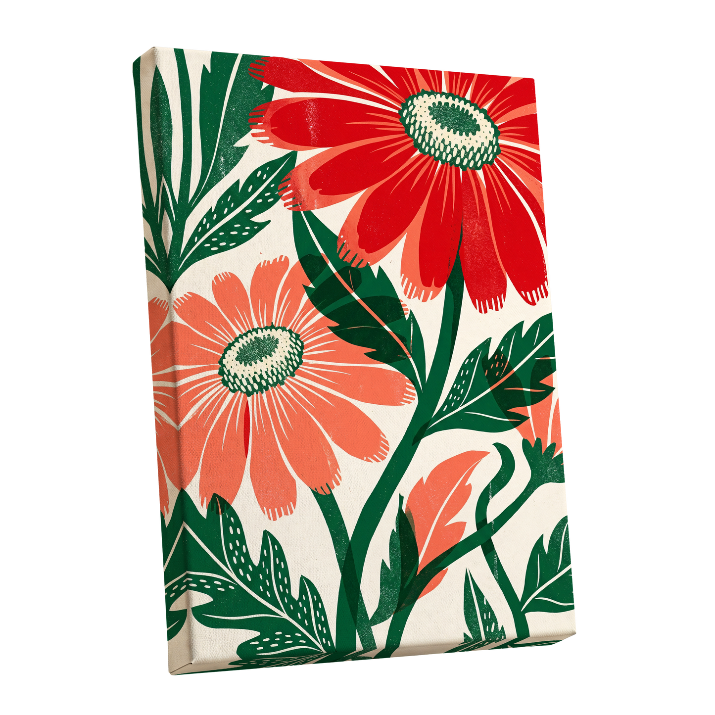 Scarlet Petal Chorus, red, green, beige floral wall art shown as a stretched canvas wall art