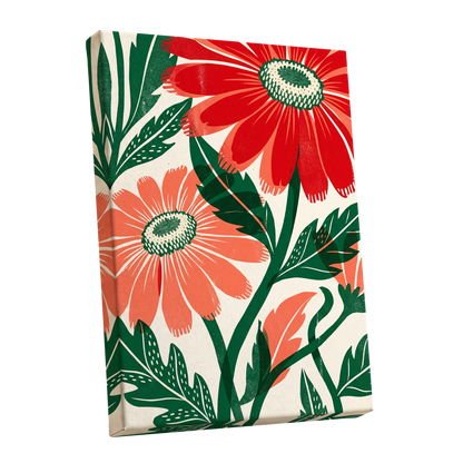 Scarlet Petal Chorus, red, green, beige floral wall art shown as a stretched canvas wall art