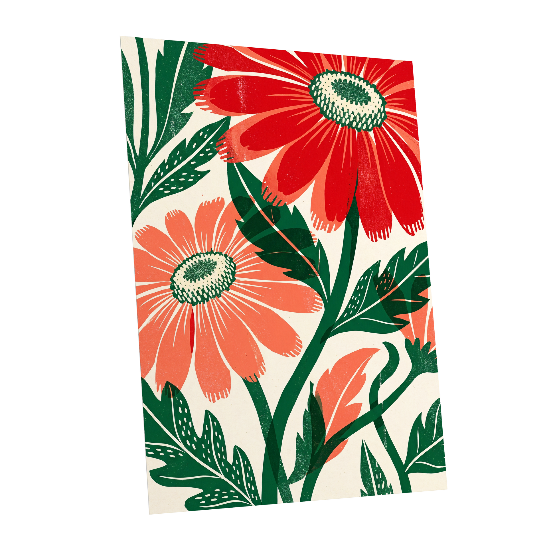 Scarlet Petal Chorus, red, green, beige floral wall art shown as a unframed poster wall art print