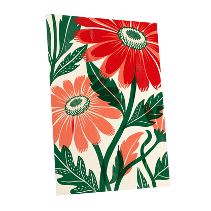 Scarlet Petal Chorus, red, green, beige floral wall art shown as a unframed poster wall art print