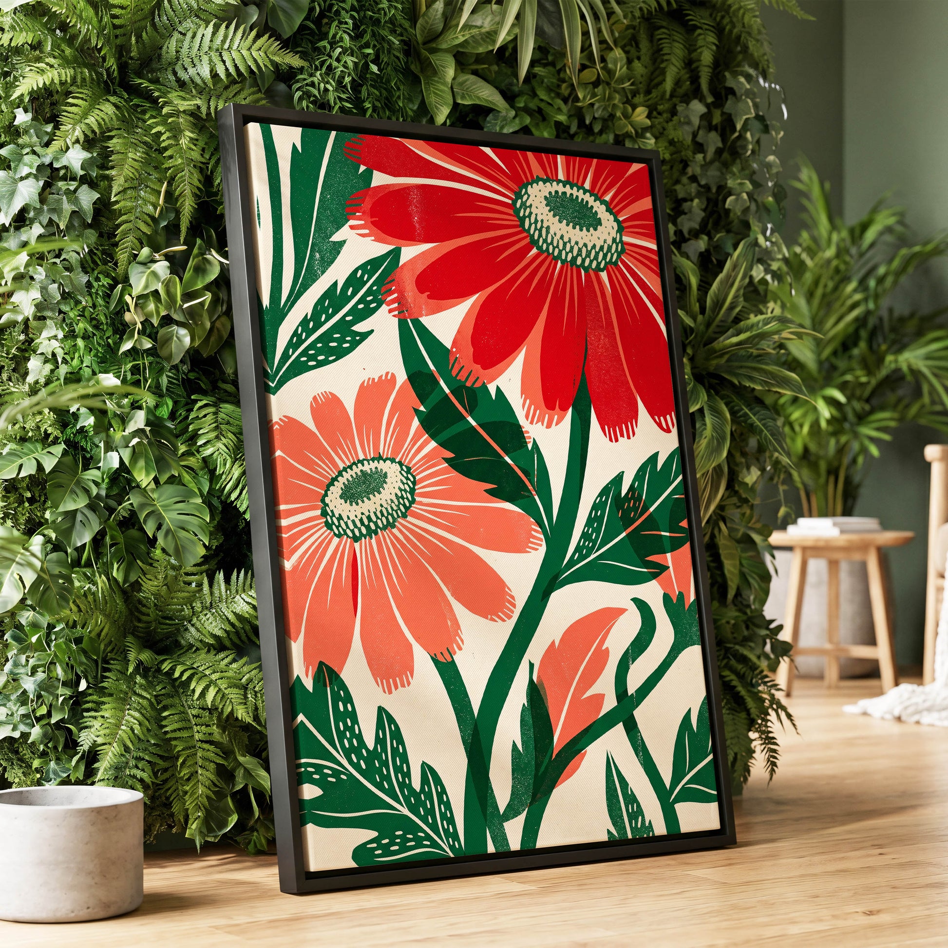Scarlet Petal Chorus, red, green, beige floral wall art displayed in a styled interior, gallery view 1
