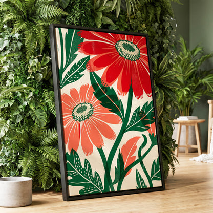 Scarlet Petal Chorus, red, green, beige floral wall art displayed in a styled interior, gallery view 1