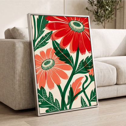 Scarlet Petal Chorus, red, green, beige floral wall art displayed in a styled interior, gallery view 2