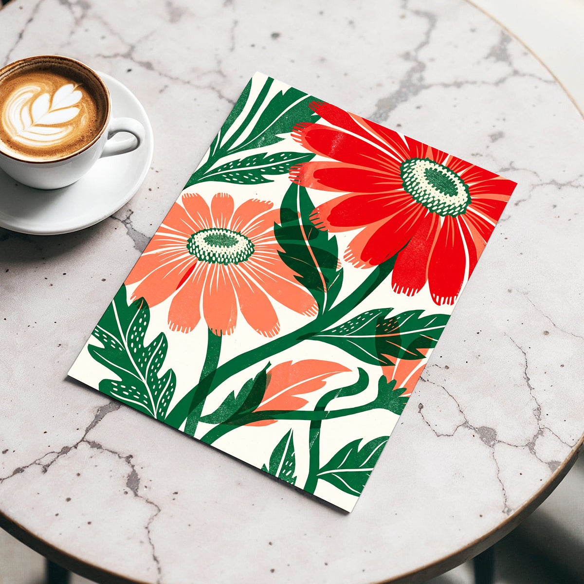 Scarlet Petal Chorus, red, green, beige floral wall art displayed in a styled interior, gallery view 3