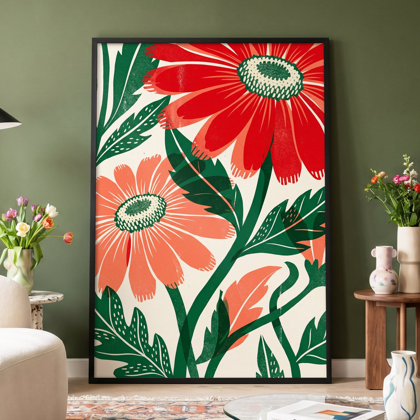 Scarlet Petal Chorus, red, green, beige floral wall art displayed in a styled interior, gallery view 4