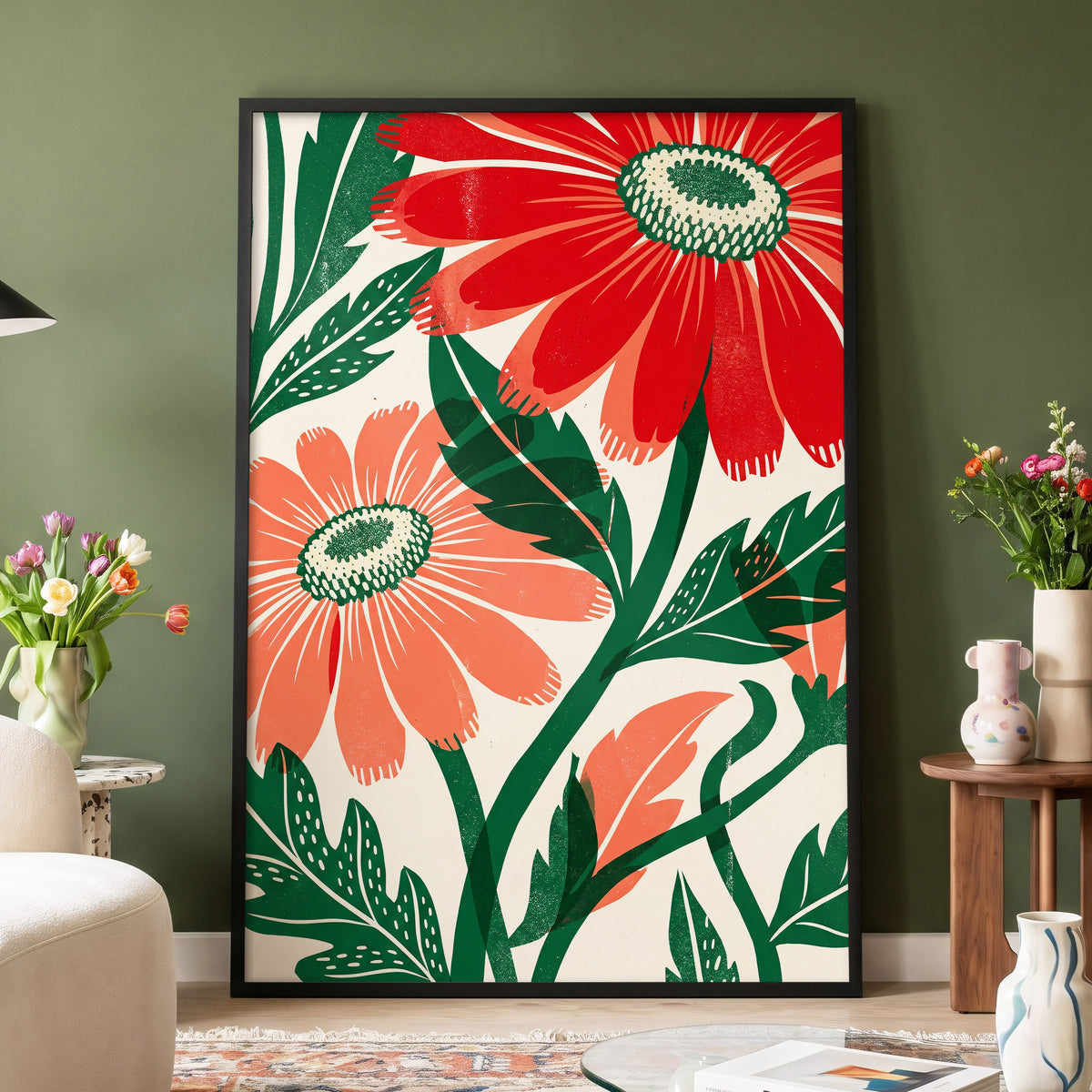 Scarlet Petal Chorus, red, green, beige floral wall art displayed in a styled interior, gallery view 4
