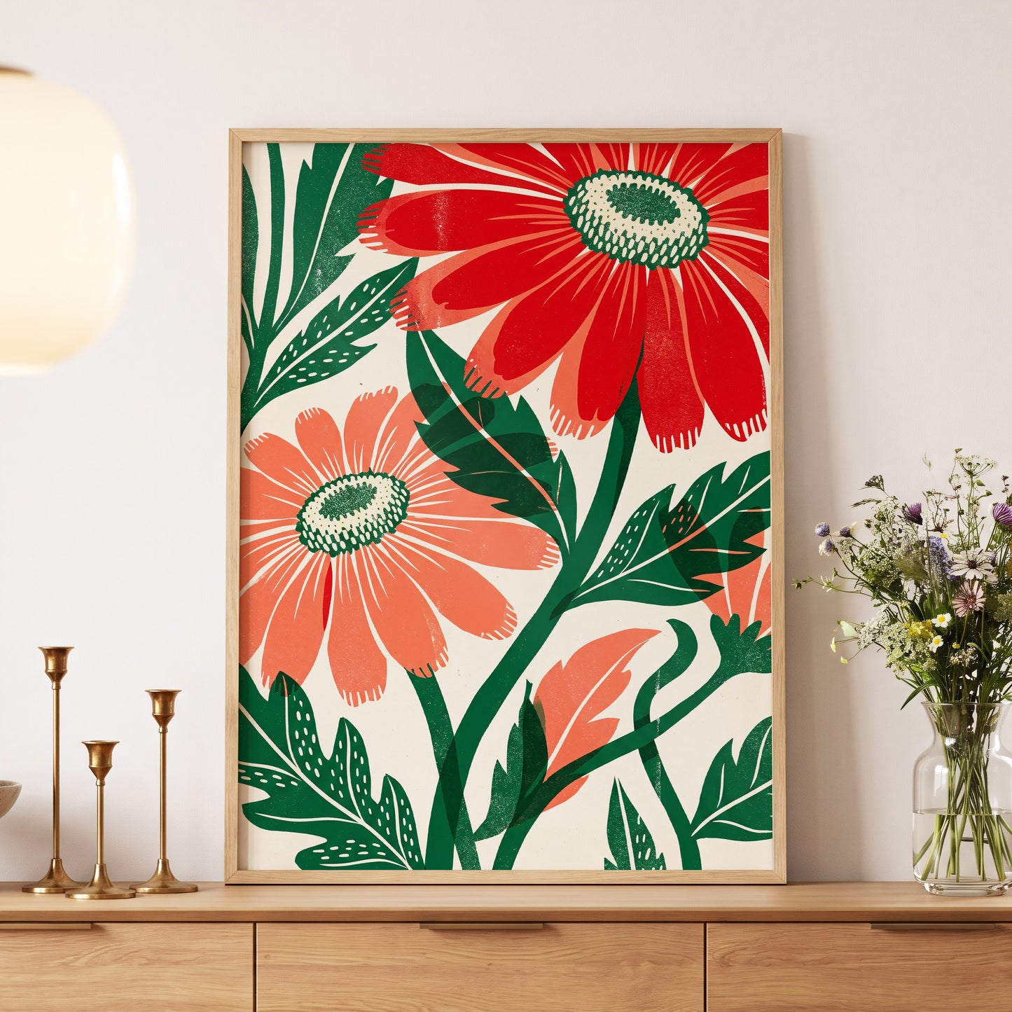 Scarlet Petal Chorus, red, green, beige floral wall art displayed in a styled interior, gallery view 5