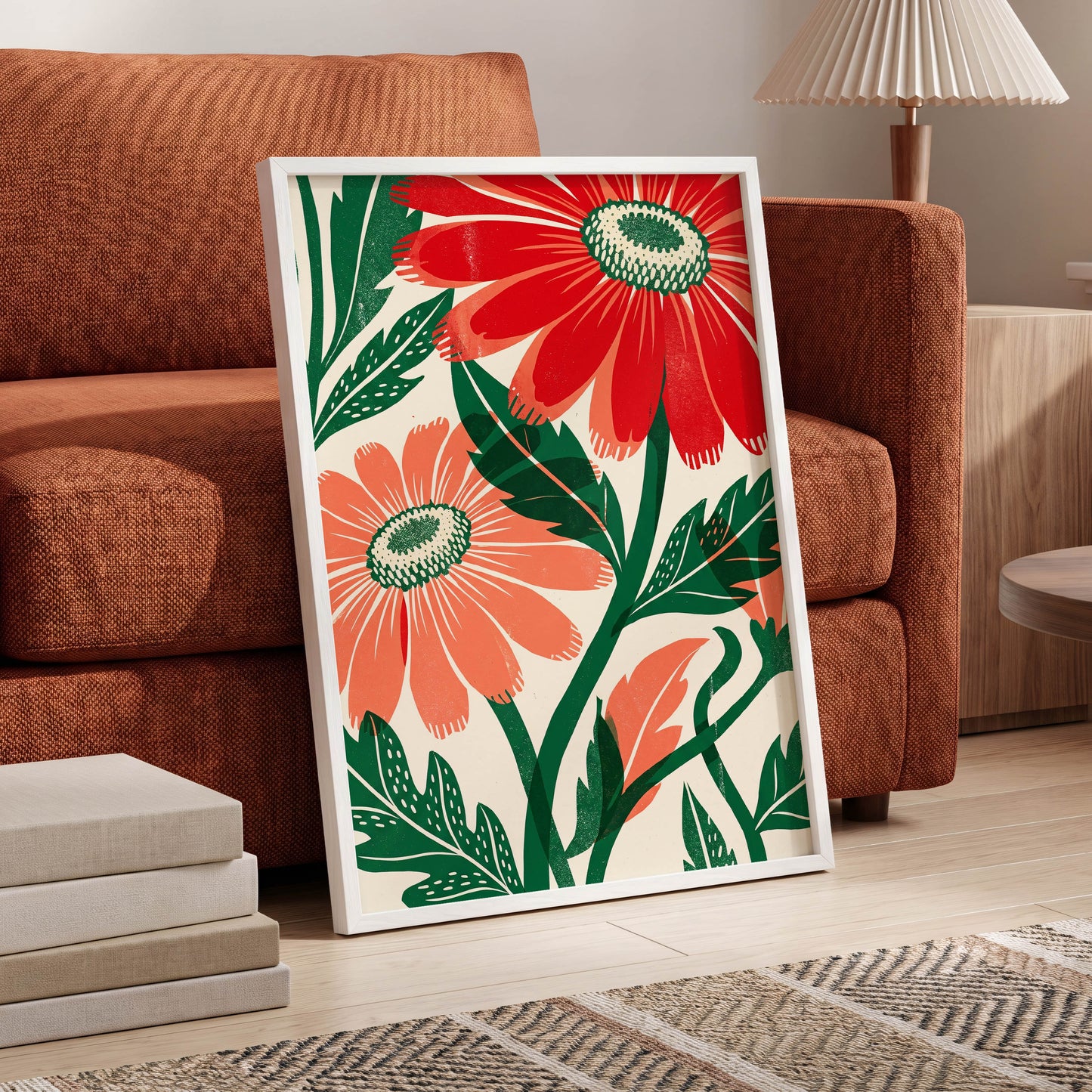 Scarlet Petal Chorus, red, green, beige floral wall art displayed in a styled interior, gallery view 6