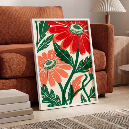 Scarlet Petal Chorus, red, green, beige floral wall art displayed in a styled interior, gallery view 6