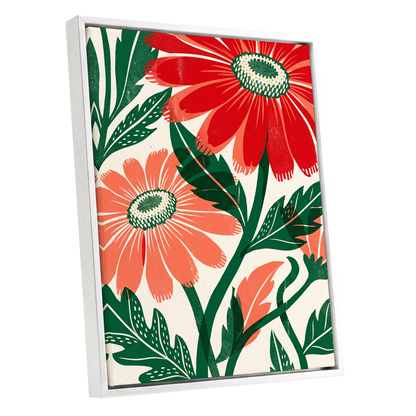 Scarlet Petal Chorus, red, green, beige floral wall art shown as a white framed canvas wall art