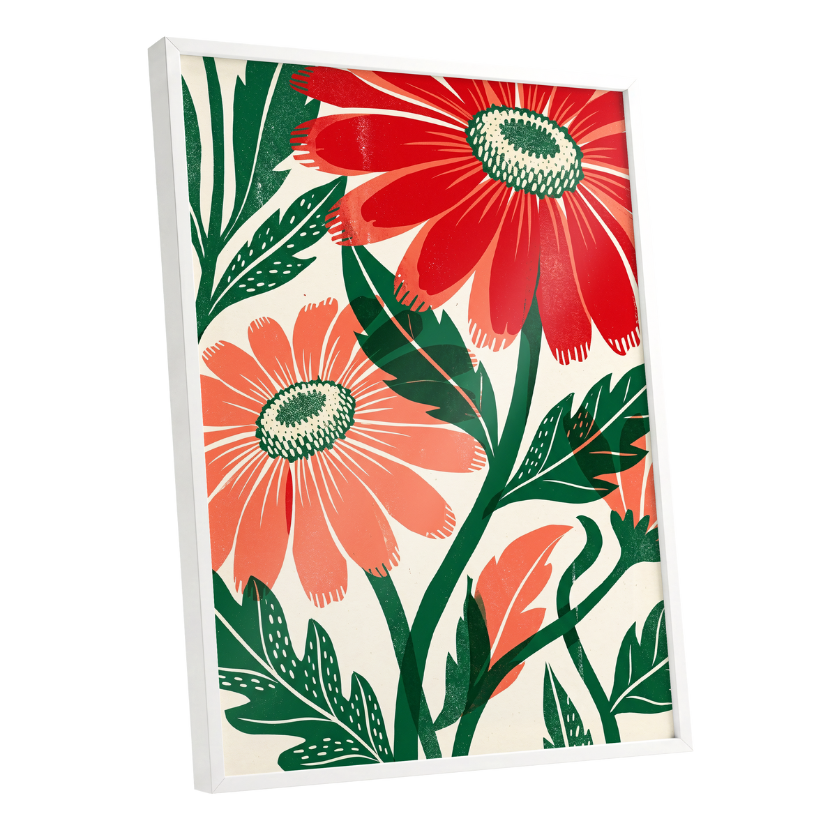 Scarlet Petal Chorus, red, green, beige floral wall art shown as a white framed poster wall art print