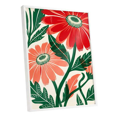 Scarlet Petal Chorus, red, green, beige floral wall art shown as a white framed poster wall art print