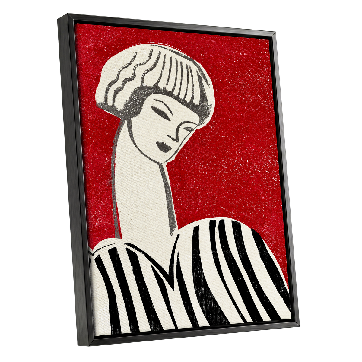 Scarlet Poise, red, beige, black abstract wall art shown as a black framed canvas wall art