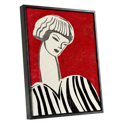 Scarlet Poise, red, beige, black abstract wall art shown as a black framed canvas wall art
