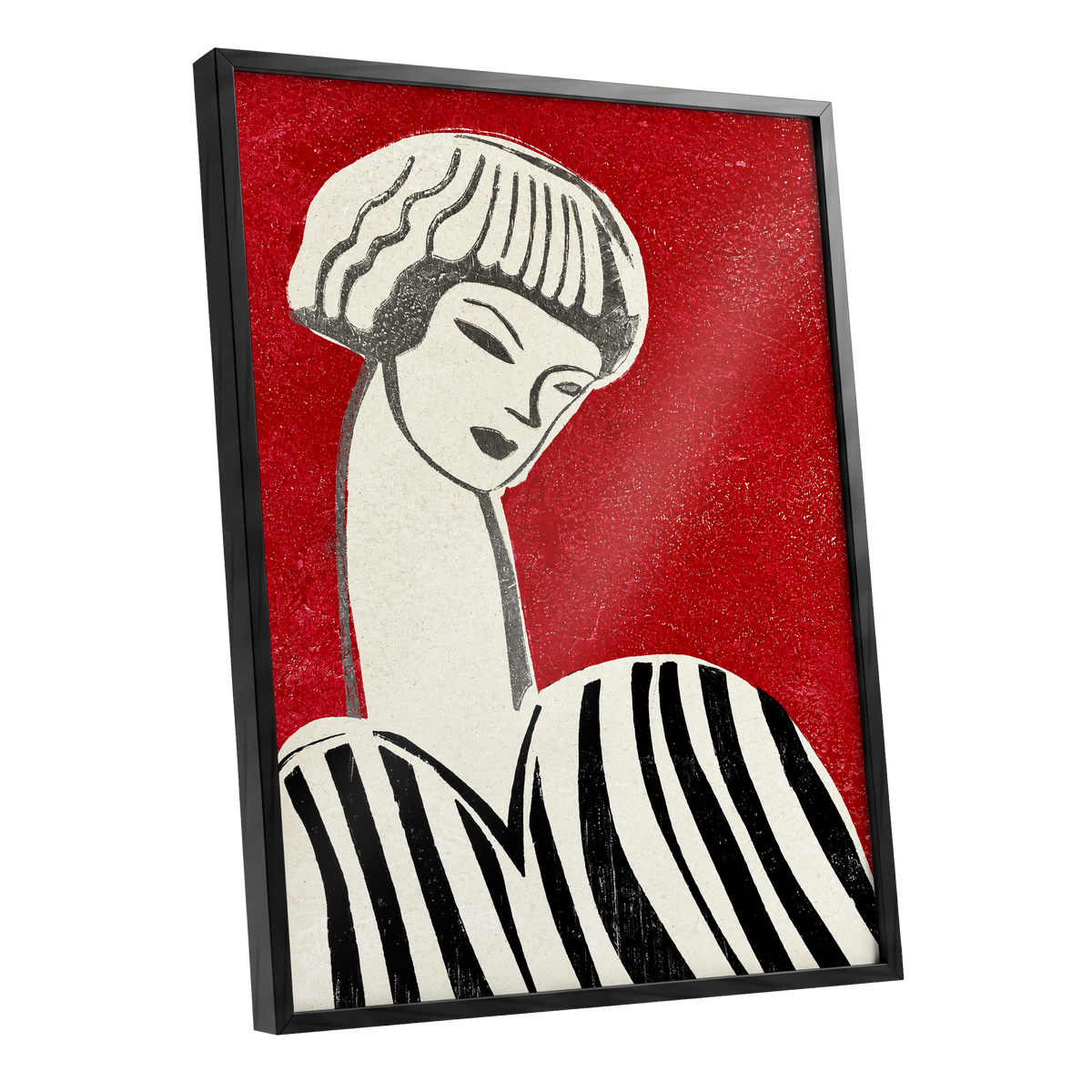 Scarlet Poise, red, beige, black abstract wall art shown as a black framed poster wall art print
