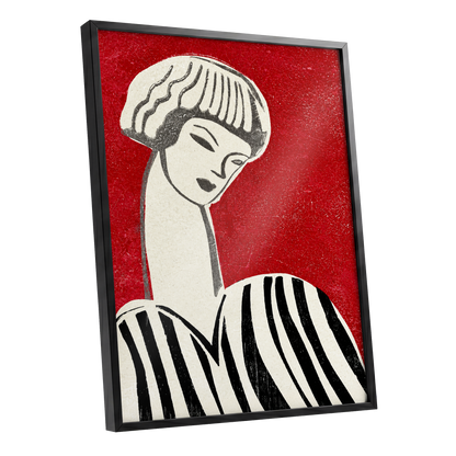 Scarlet Poise, red, beige, black abstract wall art shown as a black framed poster wall art print