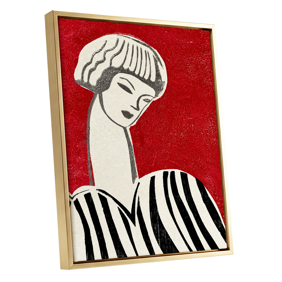 Scarlet Poise, red, beige, black abstract wall art shown as a gold framed canvas wall art