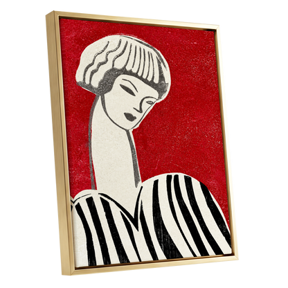Scarlet Poise, red, beige, black abstract wall art shown as a gold framed canvas wall art