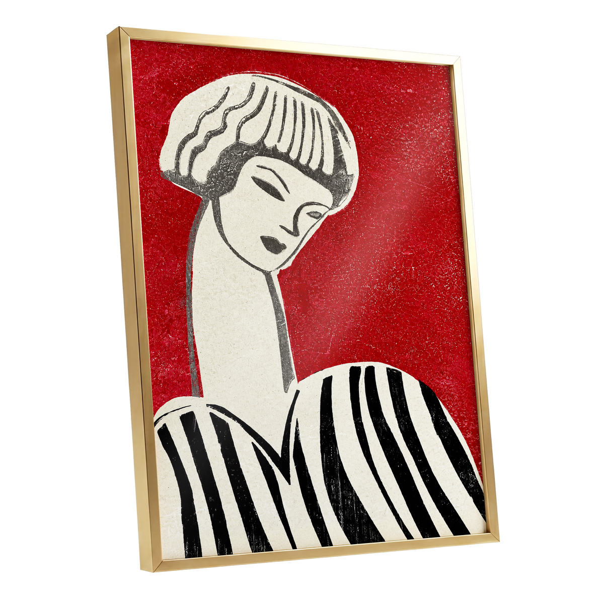 Scarlet Poise, red, beige, black abstract wall art shown as a gold framed poster wall art print