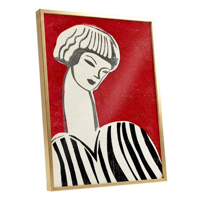 Scarlet Poise, red, beige, black abstract wall art shown as a gold framed poster wall art print