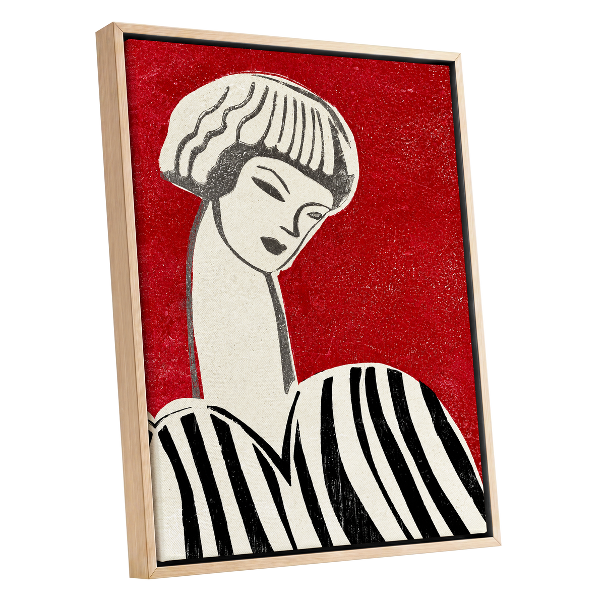 Scarlet Poise, red, beige, black abstract wall art shown as a oak framed canvas wall art