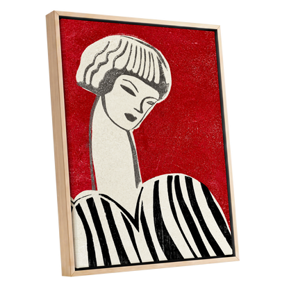 Scarlet Poise, red, beige, black abstract wall art shown as a oak framed canvas wall art