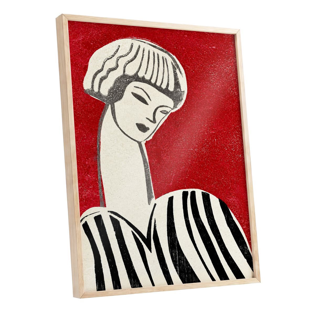 Scarlet Poise, red, beige, black abstract wall art shown as a oak framed poster wall art print