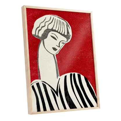 Scarlet Poise, red, beige, black abstract wall art shown as a oak framed poster wall art print