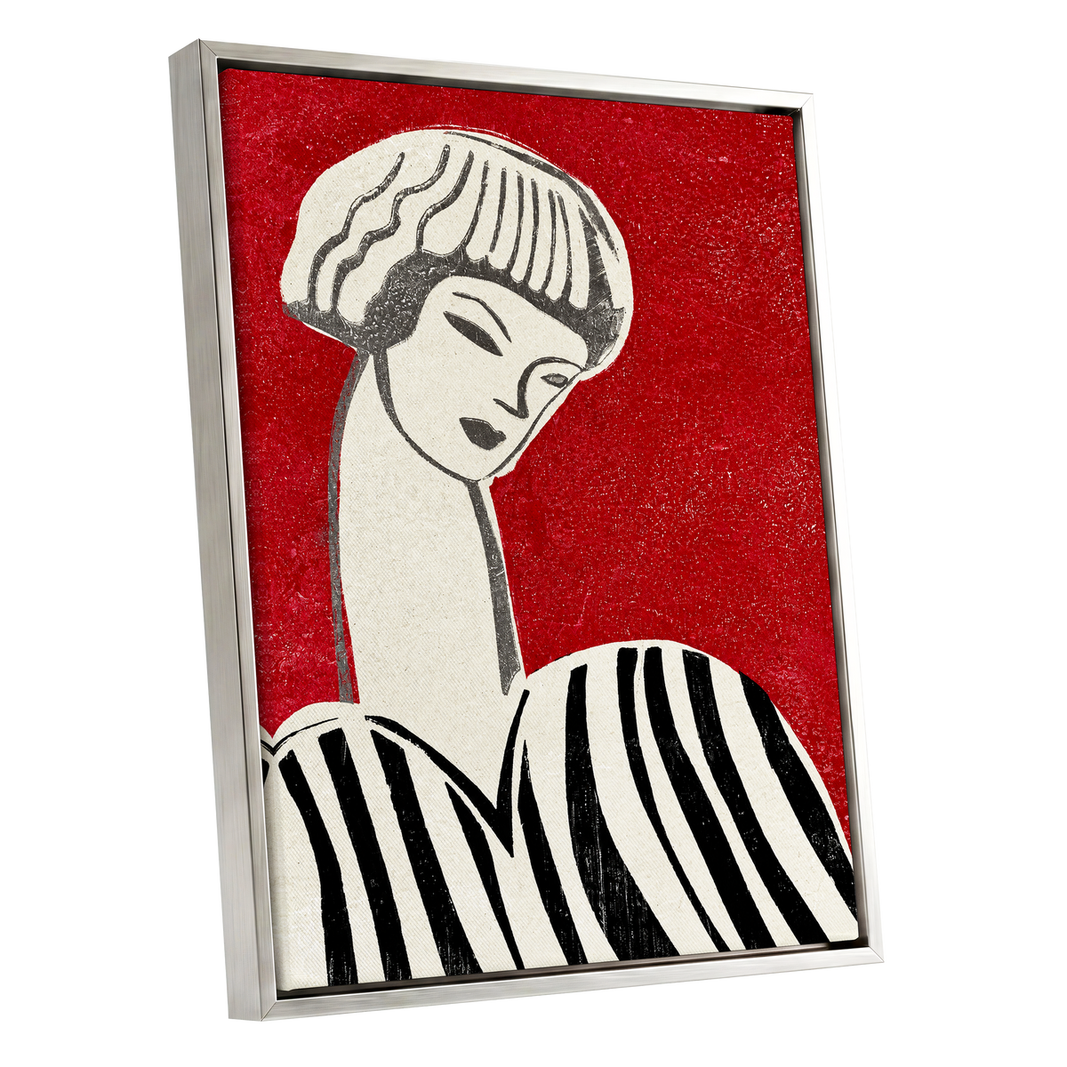 Scarlet Poise, red, beige, black abstract wall art shown as a silver framed canvas wall art