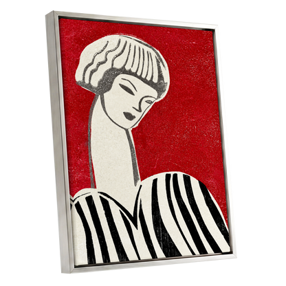 Scarlet Poise, red, beige, black abstract wall art shown as a silver framed canvas wall art