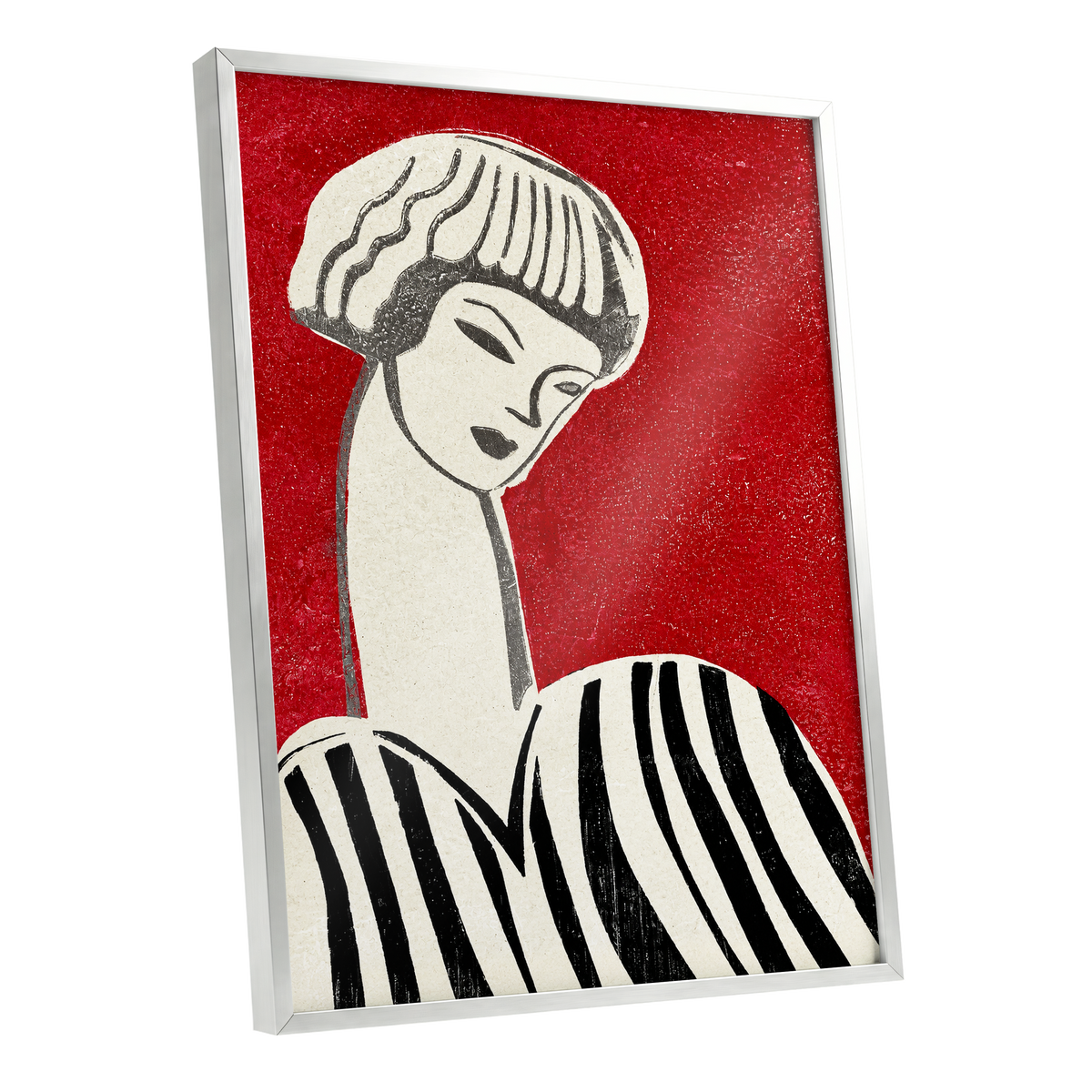Scarlet Poise, red, beige, black abstract wall art shown as a silver framed poster wall art print