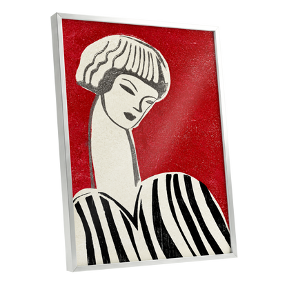 Scarlet Poise, red, beige, black abstract wall art shown as a silver framed poster wall art print