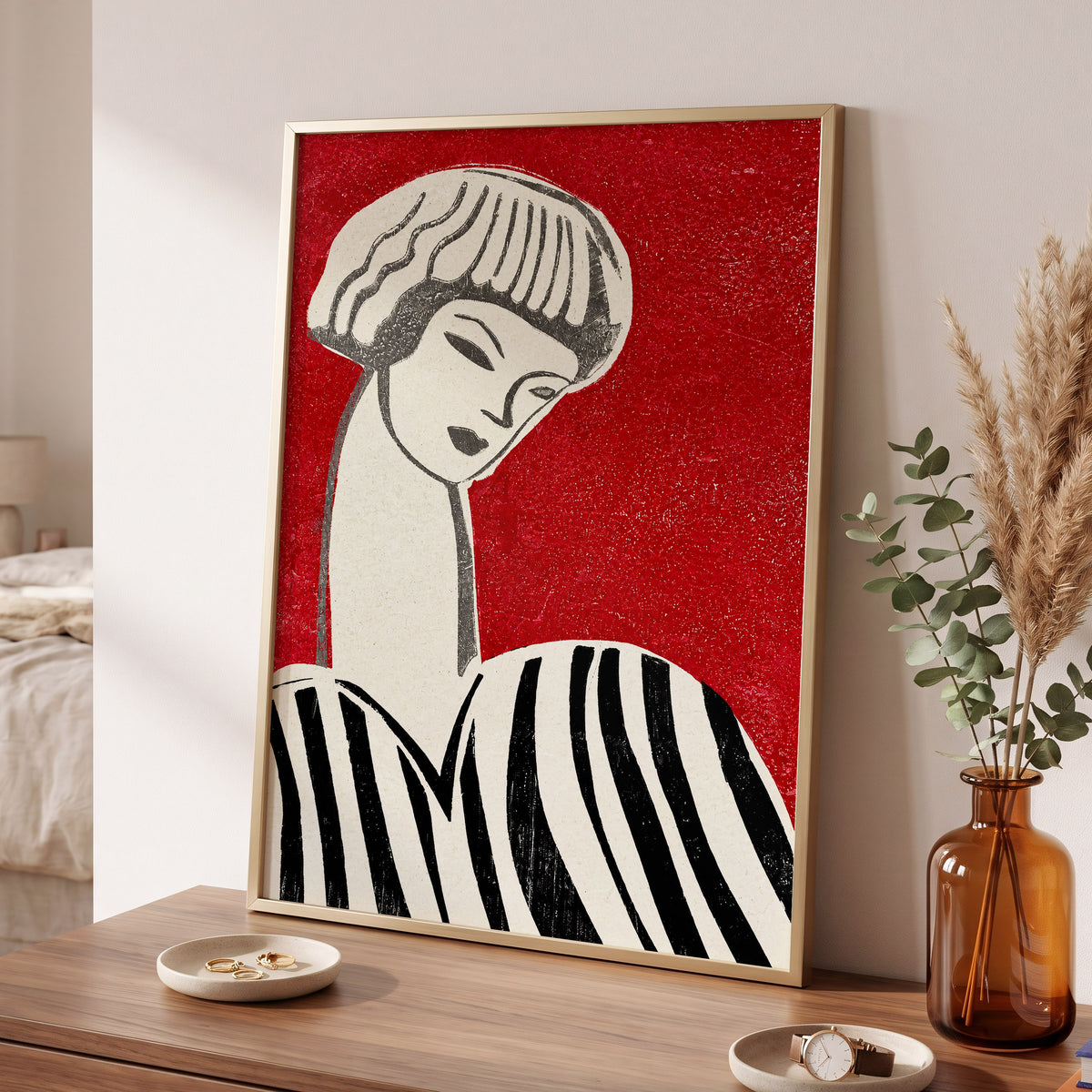 Scarlet Poise, red, beige, black abstract wall art displayed in a styled interior, gallery view 2