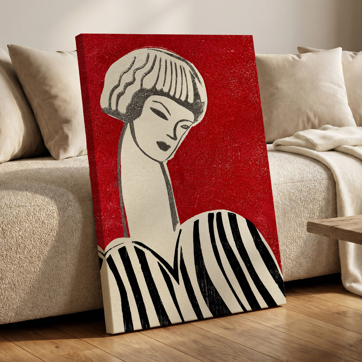 Scarlet Poise, red, beige, black abstract wall art displayed in a styled interior, gallery view 3