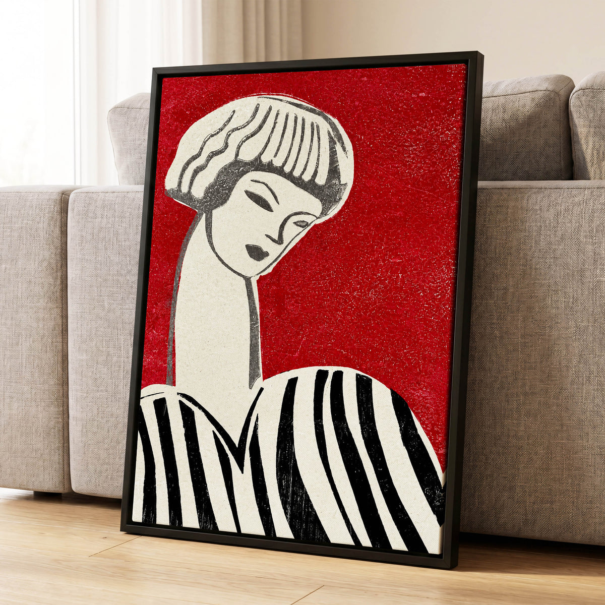 Scarlet Poise, red, beige, black abstract wall art displayed in a styled interior, gallery view 4